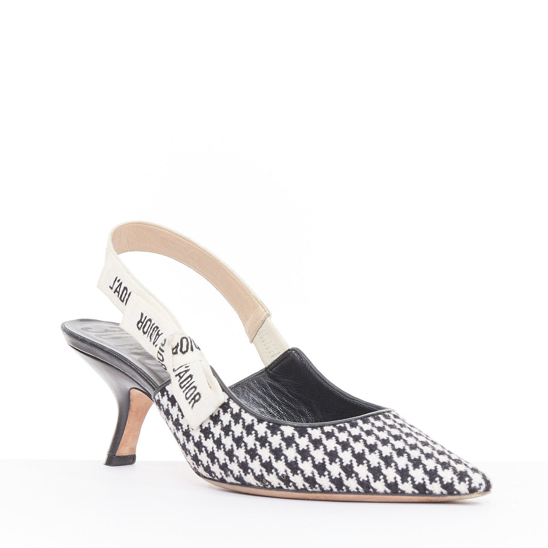 CHRISTIAN DIOR 2019 J'Adior black white houndstooth Ribbon sling pumps EU37.5D