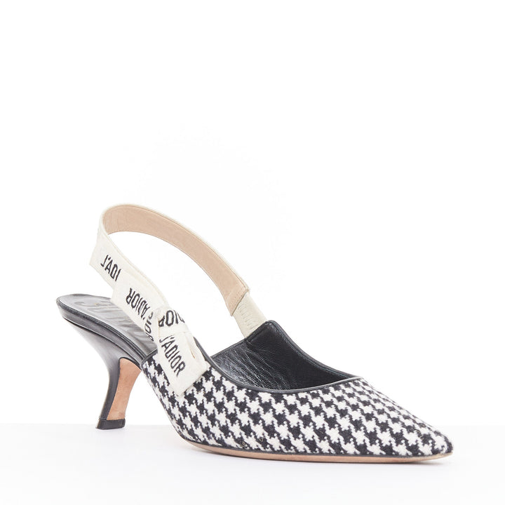 CHRISTIAN DIOR 2019 J'Adior black white houndstooth Ribbon sling pumps EU37.5D