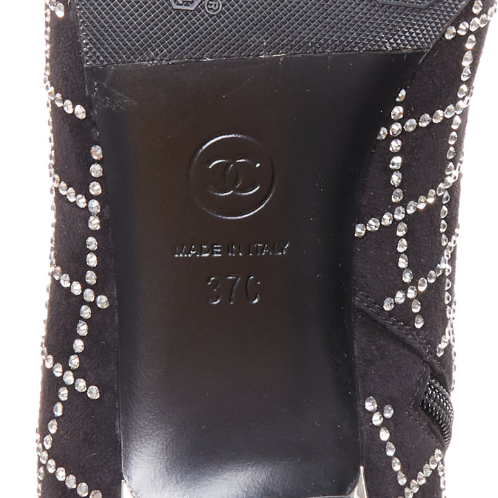 CHANEL 2019 black kid suede silver crystal CC logo acrylic heel boots EU37