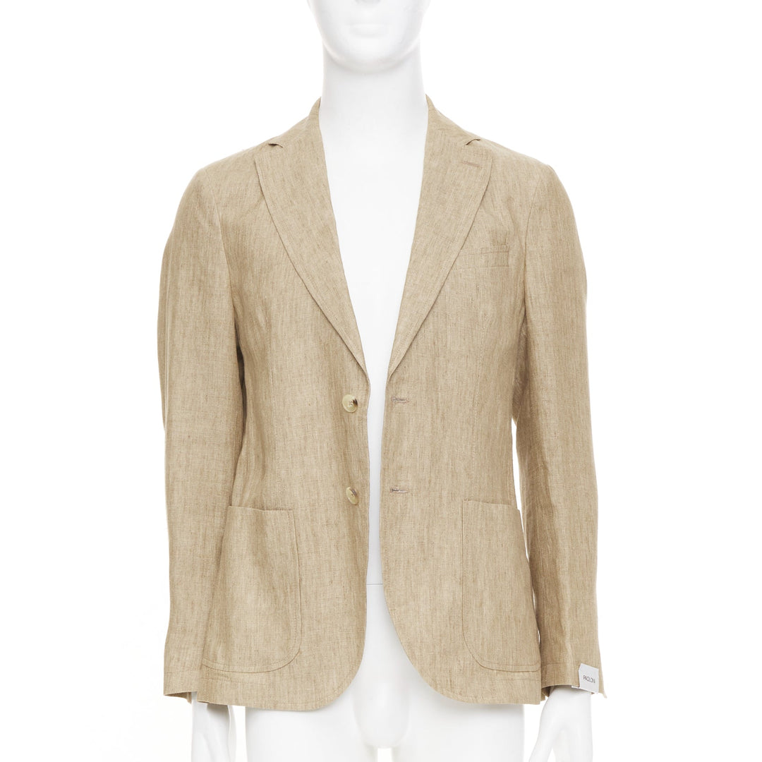 PAOLONI brown textured slub linen notch lapel three button patch jacket EU46 S
