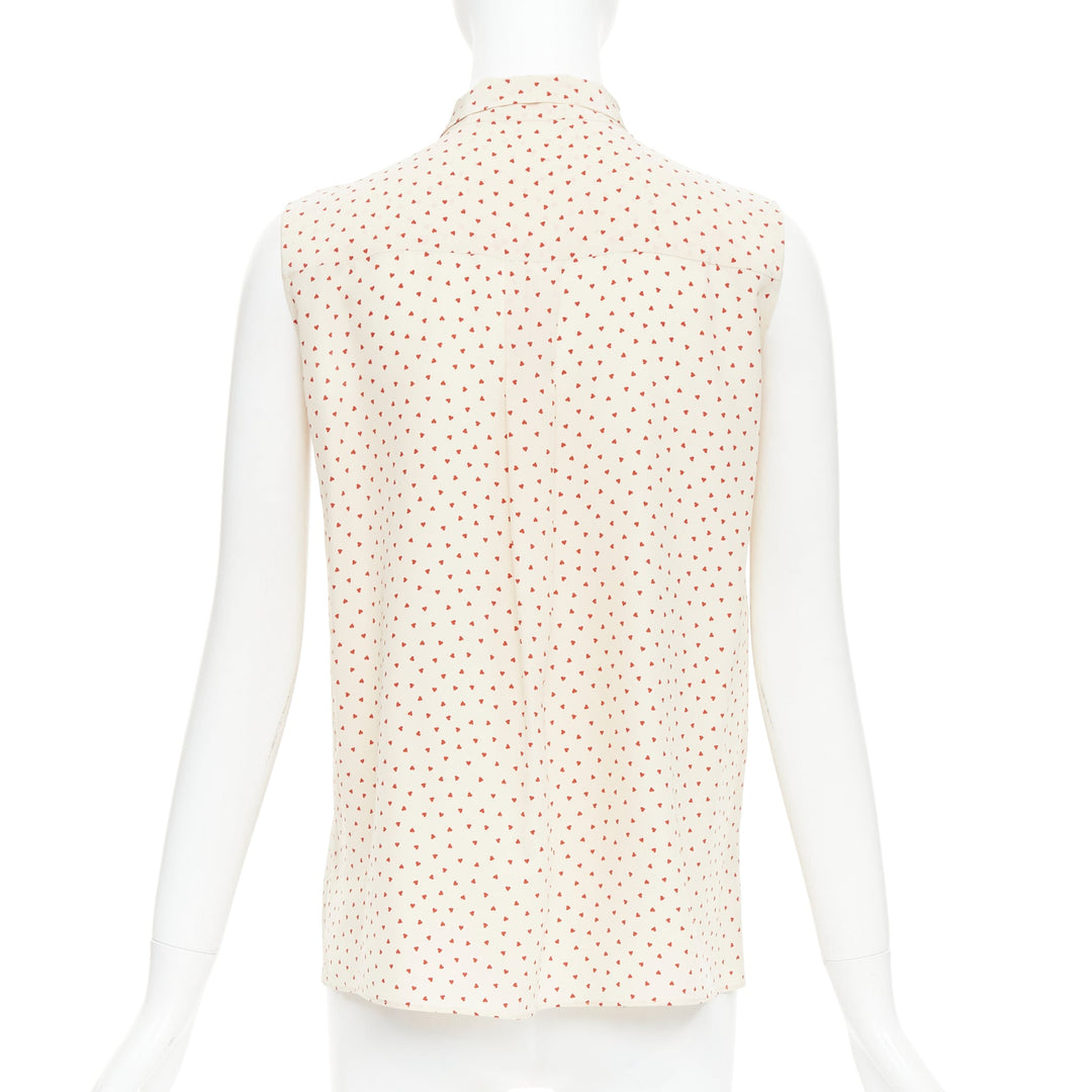 OLD CELINE Phoebe Philo cream red micro heart pussy bow neck tie blouse FR36 S
