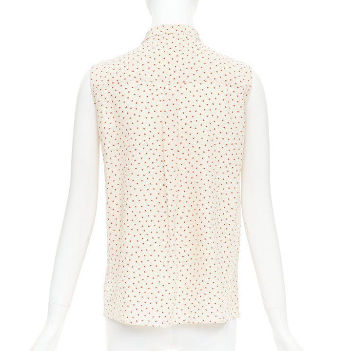 OLD CELINE Phoebe Philo cream red micro heart pussy bow neck tie blouse FR36 S