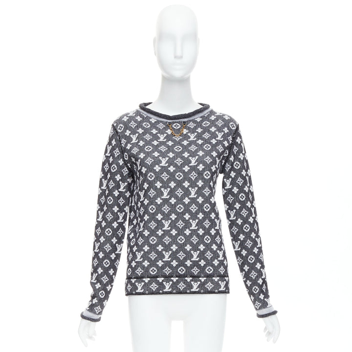 LOUIS VUITTON grey cream wool cotton monogram long sleeve top XS