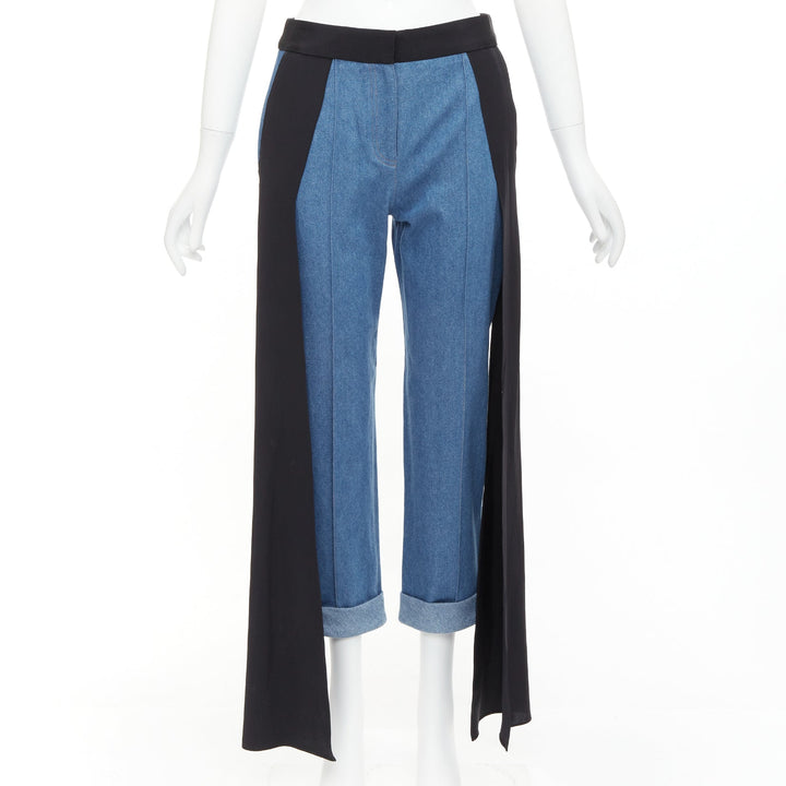 HELLESSY Jagger blue denim black silk panels deconstructed cropped pants US2 S