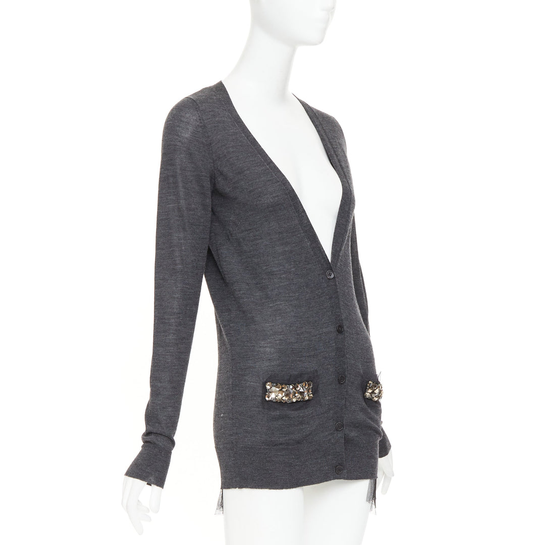 VERA WANG grey wool black tulle lined crystal embellished cardigan sweater
