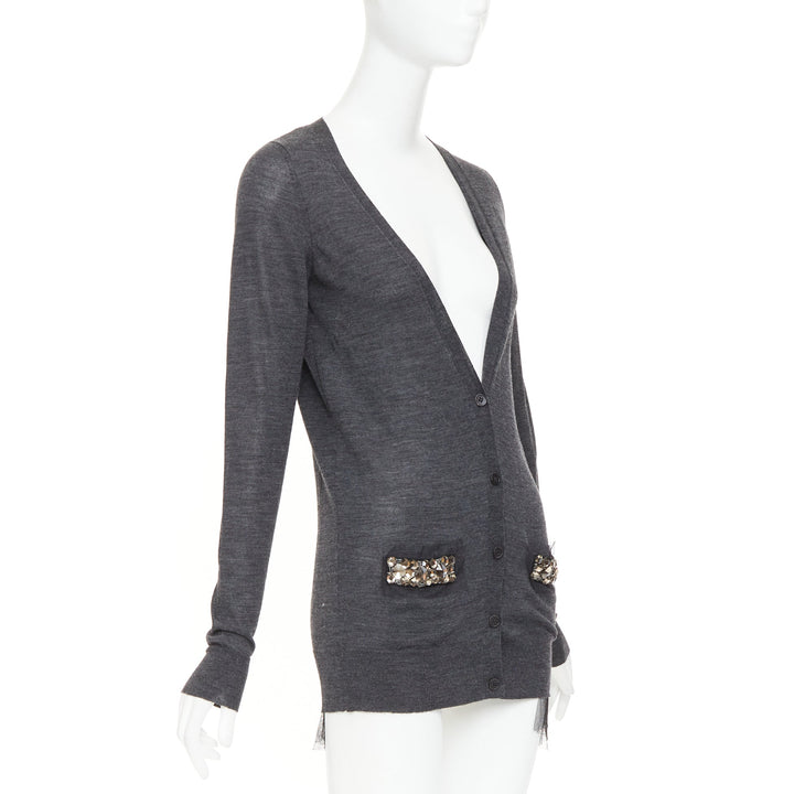 VERA WANG grey wool black tulle lined crystal embellished cardigan sweater