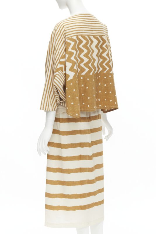 ISSEY MIYAKE 1980's Vintage beige yellow tribal stripe boxy top skirt set