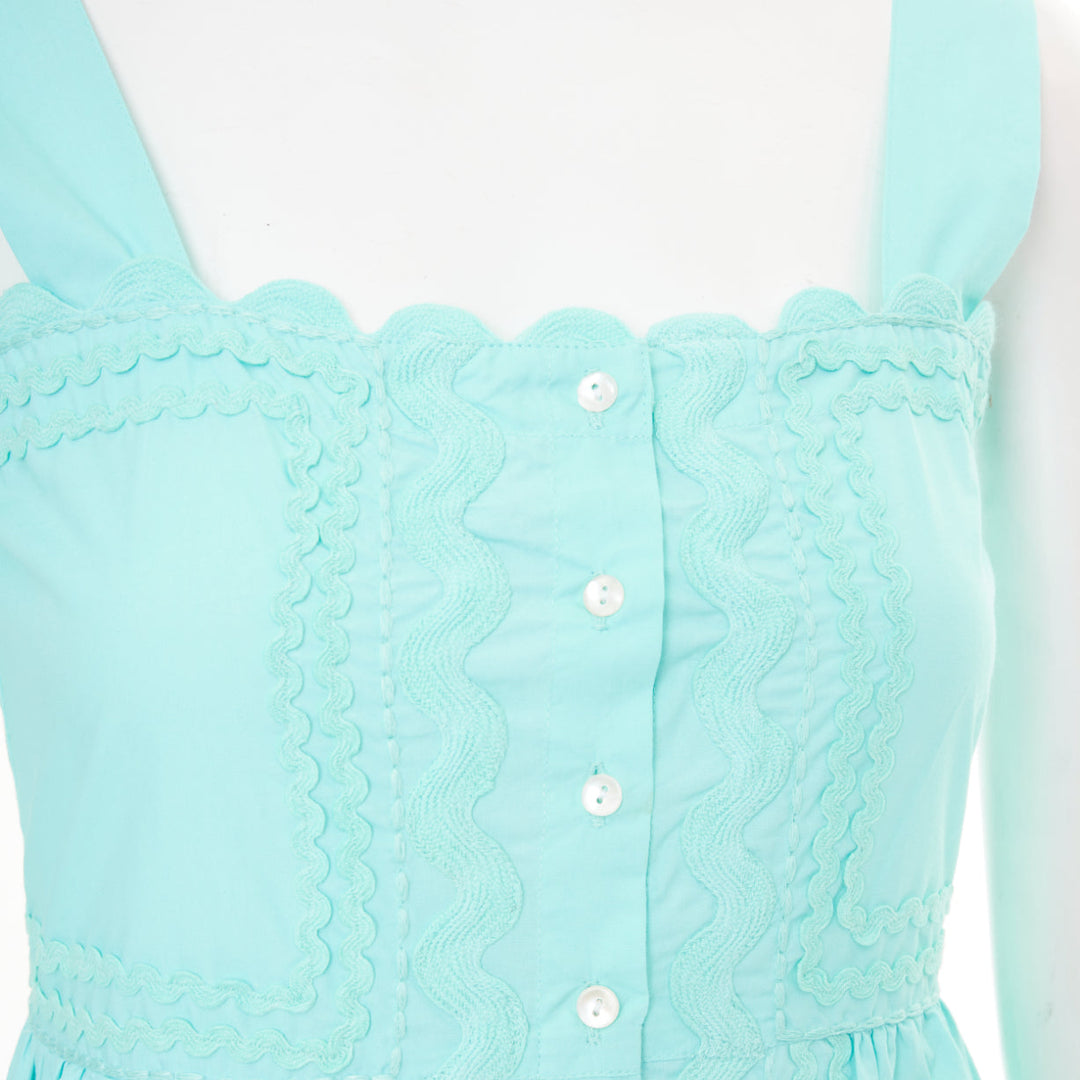 JULIET DUNN squiggle applique neon aqua cotton square neck sundress US1 XS