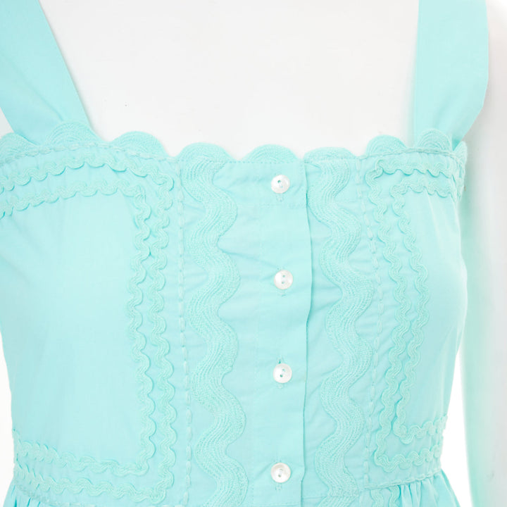 JULIET DUNN squiggle applique neon aqua cotton square neck sundress US1 XS