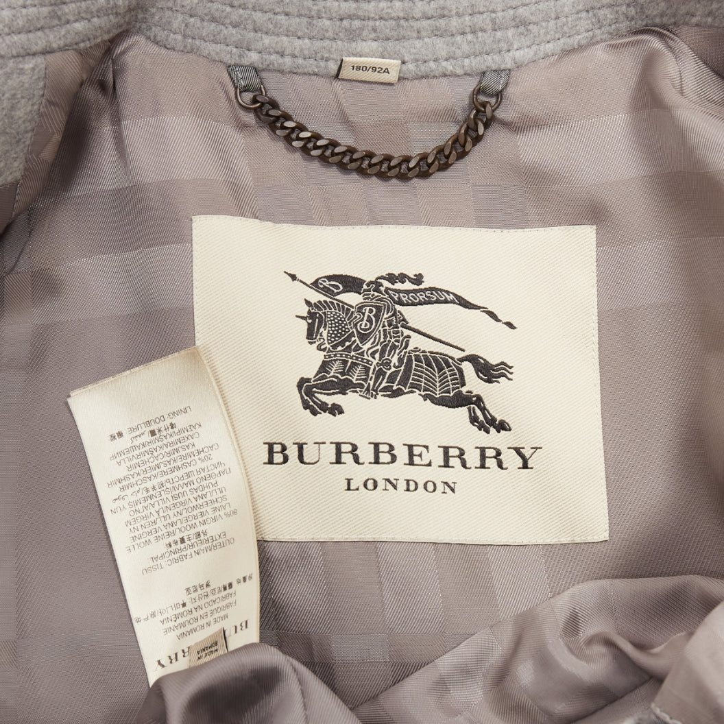 BURBERRY grey virgin wool cashmere logo horn button trench coat IT48 M
