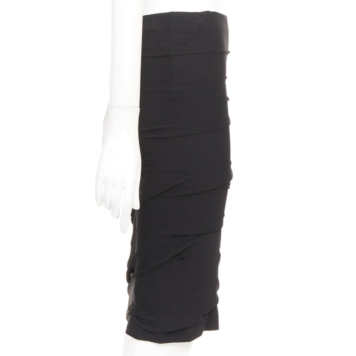 TOM FORD black viscose ruched high waisted asymmetric knee pencil skirt IT36 XXS