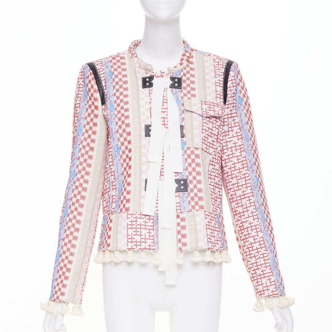 ALTUZARRA 2016 Runway Ghianda geometric check weave pompom jacket FR42 L