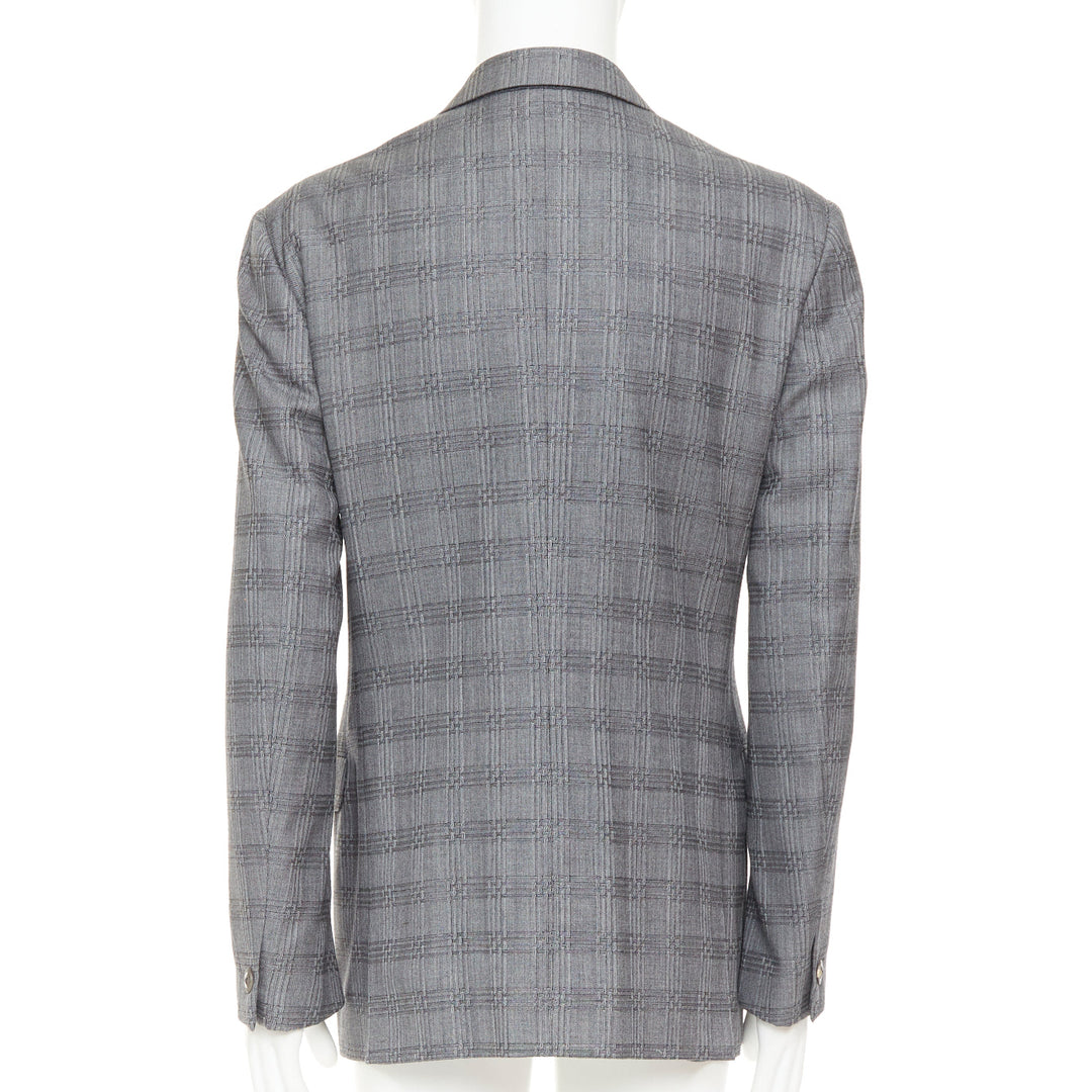 VERSACE grey wool silk blend plaid checked 2 button notched lapel blazer EU50 L