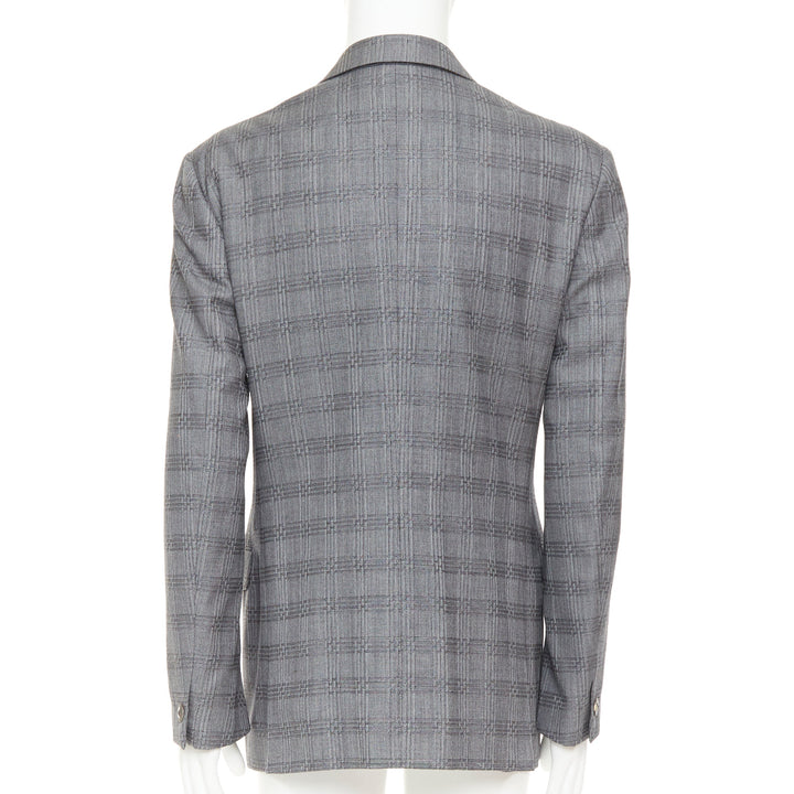 VERSACE grey wool silk blend plaid checked 2 button notched lapel blazer EU50 L