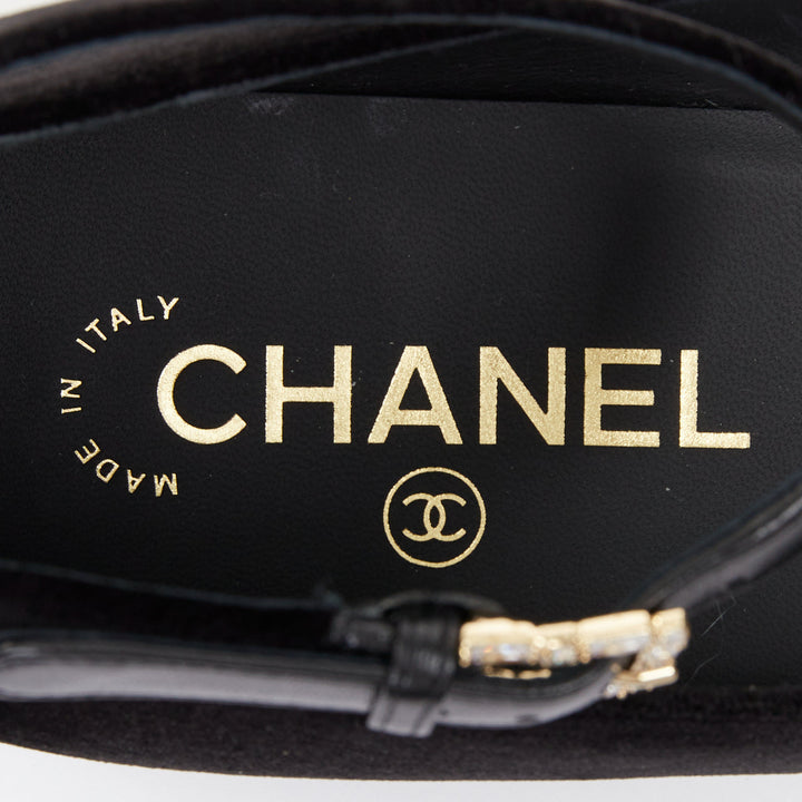 CHANEL 2020 black velvet crystal CC bow ankle strap mary jane ballet flats EU37C