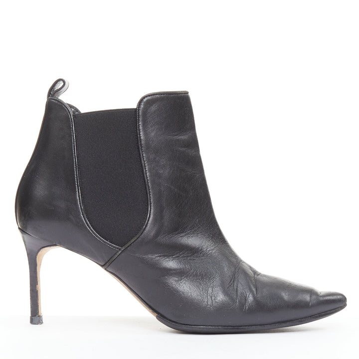 MANOLO BLAHNIK black leather pointy toe ankle boot heels EU39.5