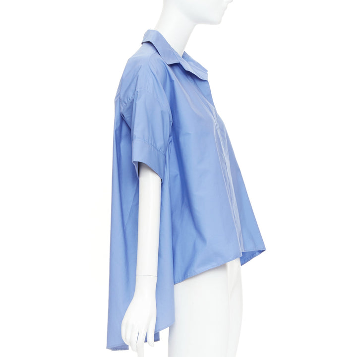 LANVIN sky blue cotton poplin high low collared half sleeve cropped shirt FR36 S