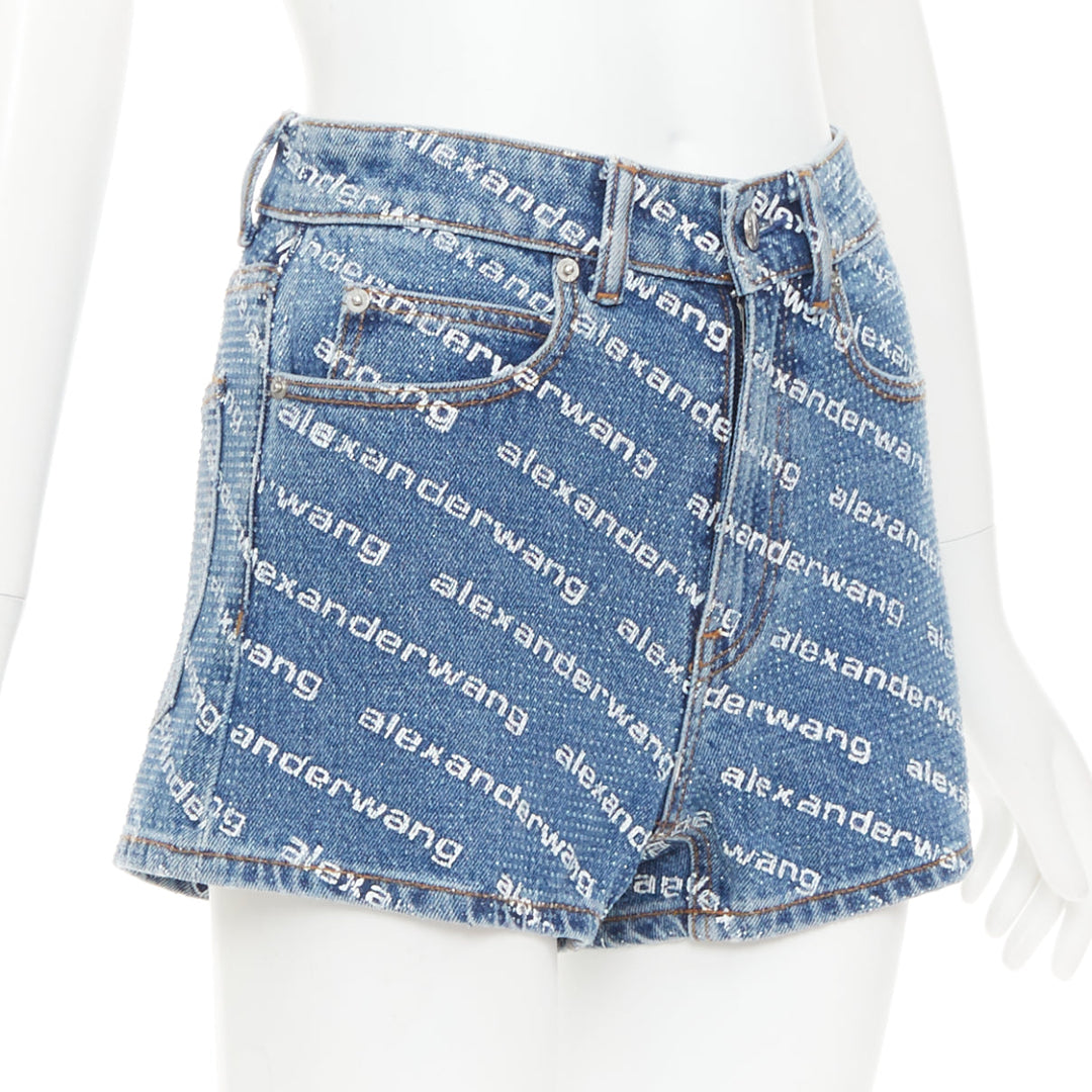 ALEXANDER WANG Bite blue denim crystal rhinestone hotfix logo mini shorts 25"