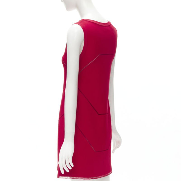 ALAIA red viscose knit geometric lattice seam sleeveless A-line dress FR38 S