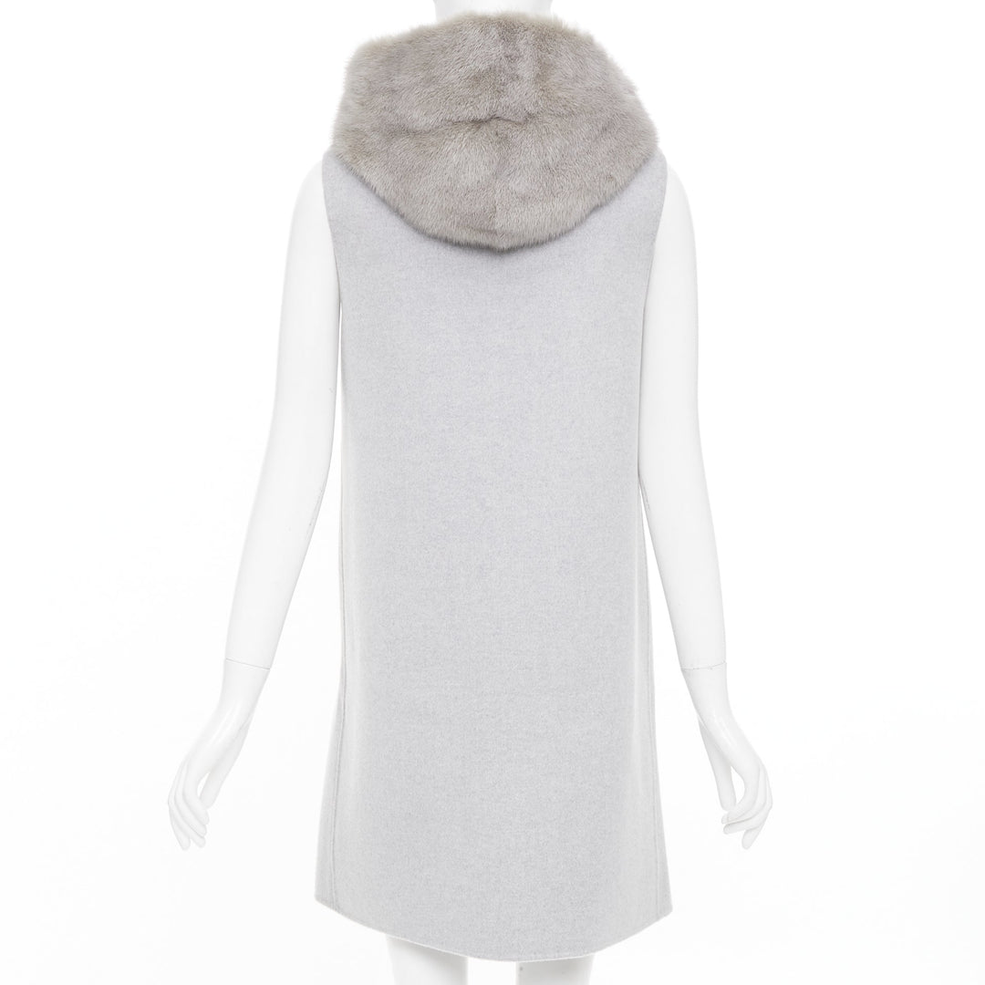 RIVER SKIN grey wool blend real fur panelled hooded long line gilet vest S