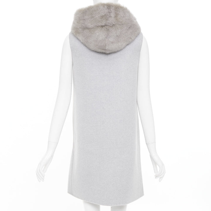 RIVER SKIN grey wool blend real fur panelled hooded long line gilet vest S