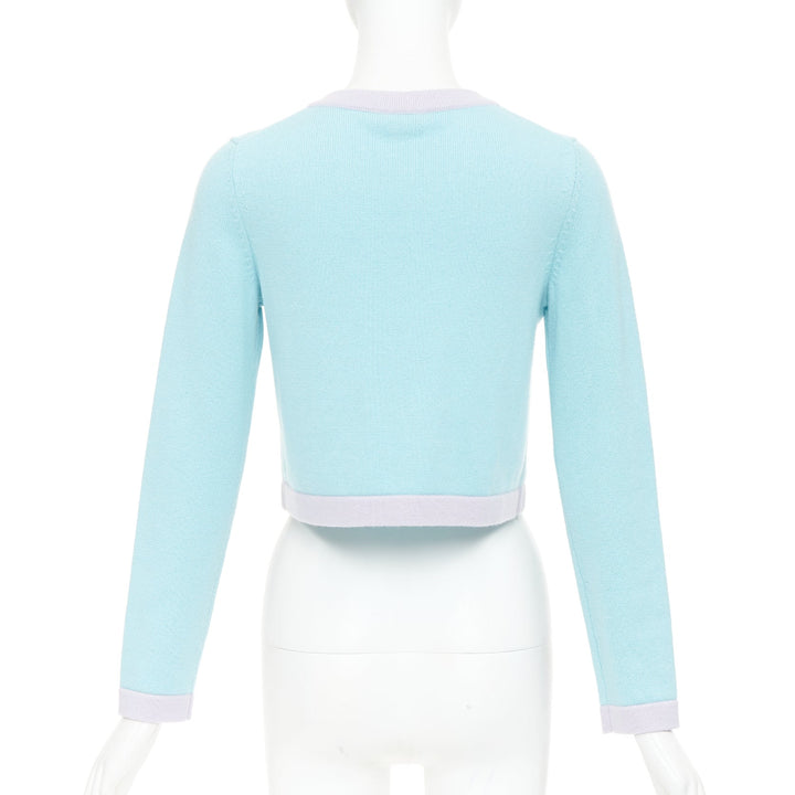 CHANEL 24C 100% cashmere pastel blue contrast trim glitter CC cropped cardigan F