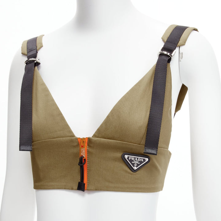 PRADA 2021 orange zip khaki green technical strap bra top IT40 S