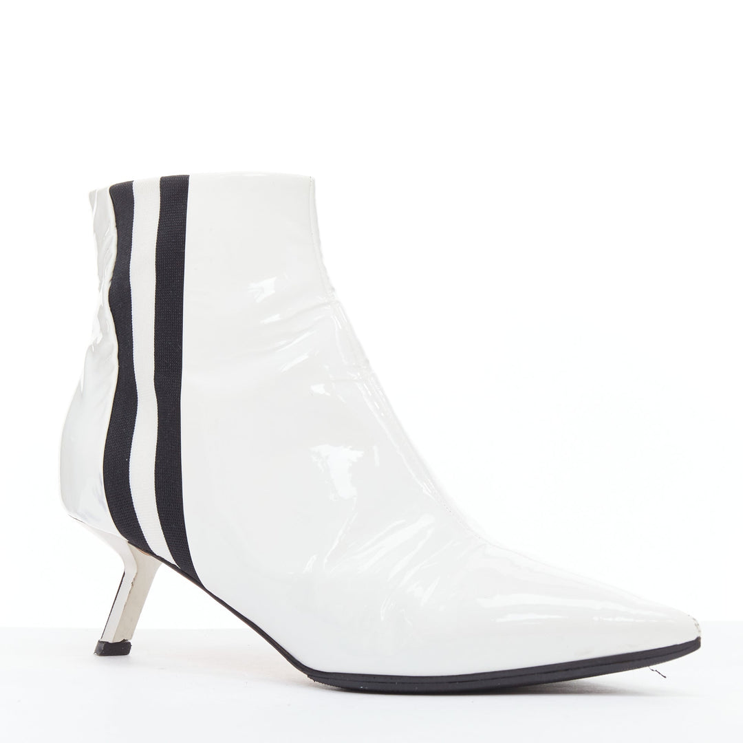 ALCHIMIA DI BALLIN side striped white patent leather silver kitten booties EU38.5