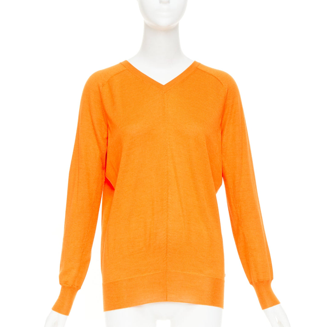 HERMES orange cashmere silk dual V-neck raglan sleeves sweater FR34 XS