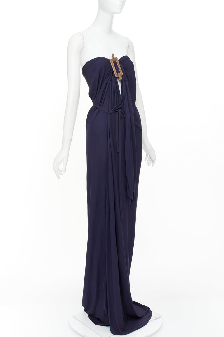HERMES 2014 leather hardware bust navy viscose strapless gown dress FR36 S