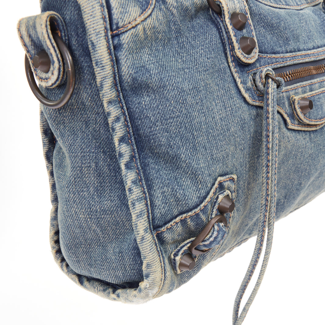BALENCIAGA Le City Small blue washed denim gunmetal studded top handle bag