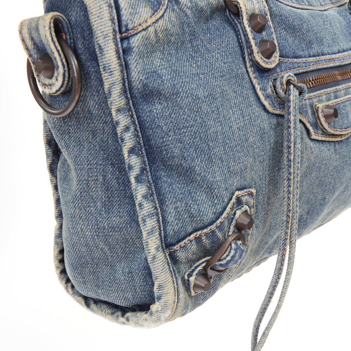 BALENCIAGA Le City Small blue washed denim gunmetal studded top handle bag