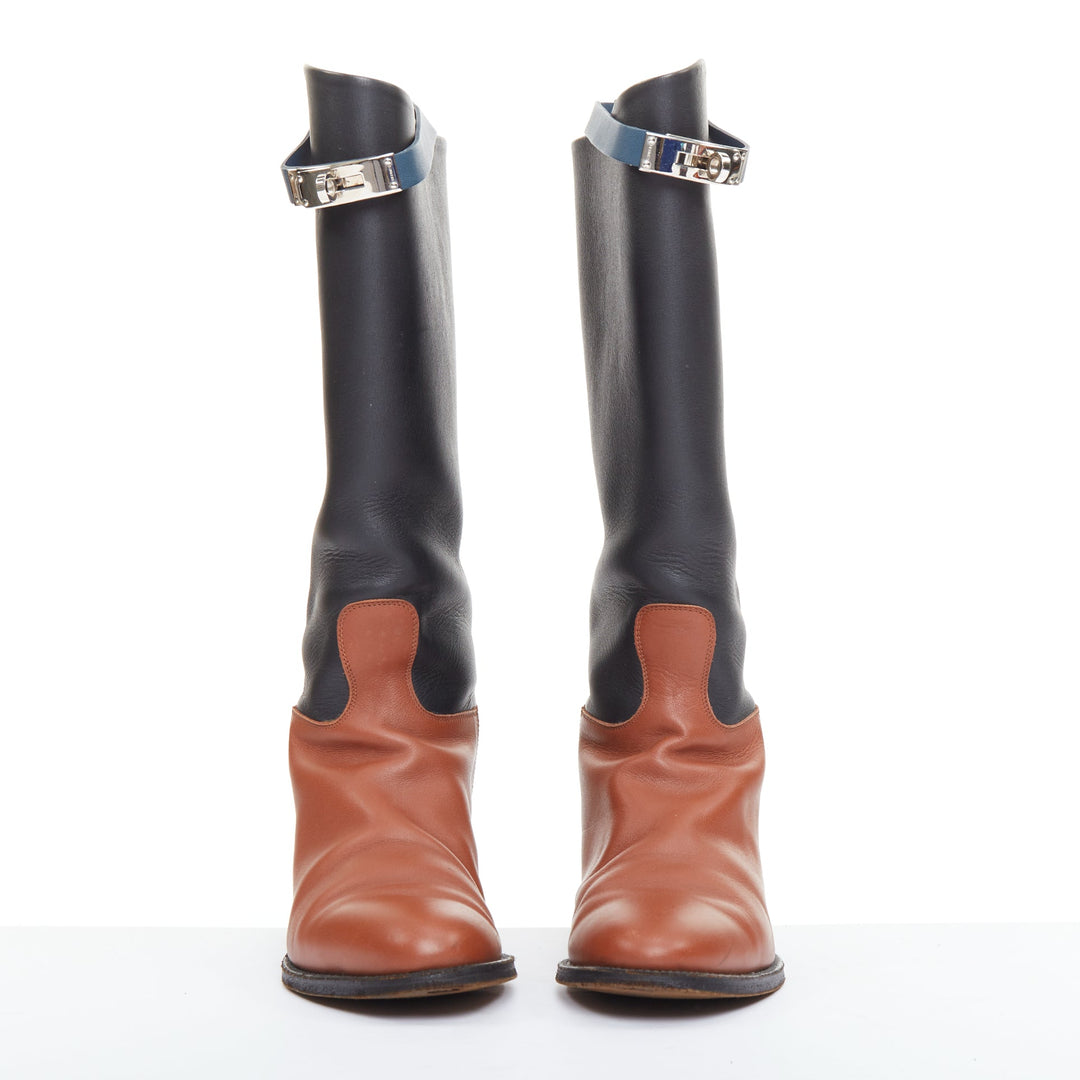 HERMES Jumping Kelly tri-color black brown navy calfskin riding boots EU37
