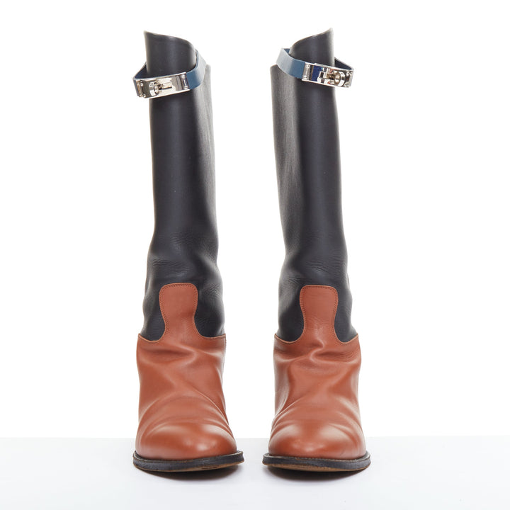 HERMES Jumping Kelly tri-color black brown navy calfskin riding boots EU37