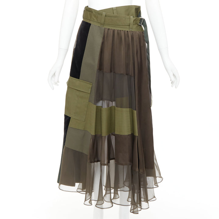 SACAI 2020 military green camo sheer patchwork cargo belted skirt JP1 S