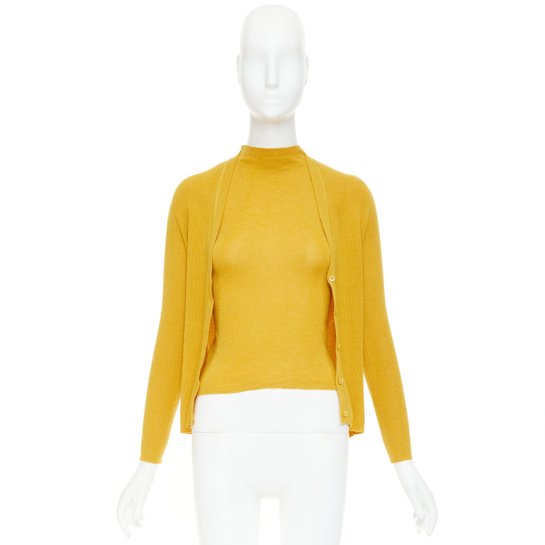 PRADA Vintage  yellow cashmere silk high neck vest cardigan sweater set IT42 M