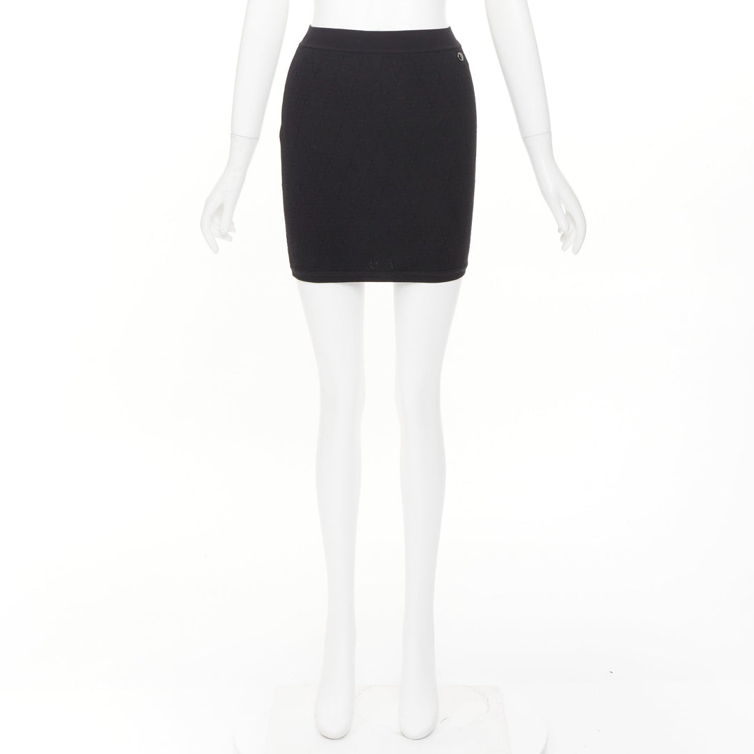 CHANEL black cotton diamond stitch knit cc resin logo button skirt FR34 XS