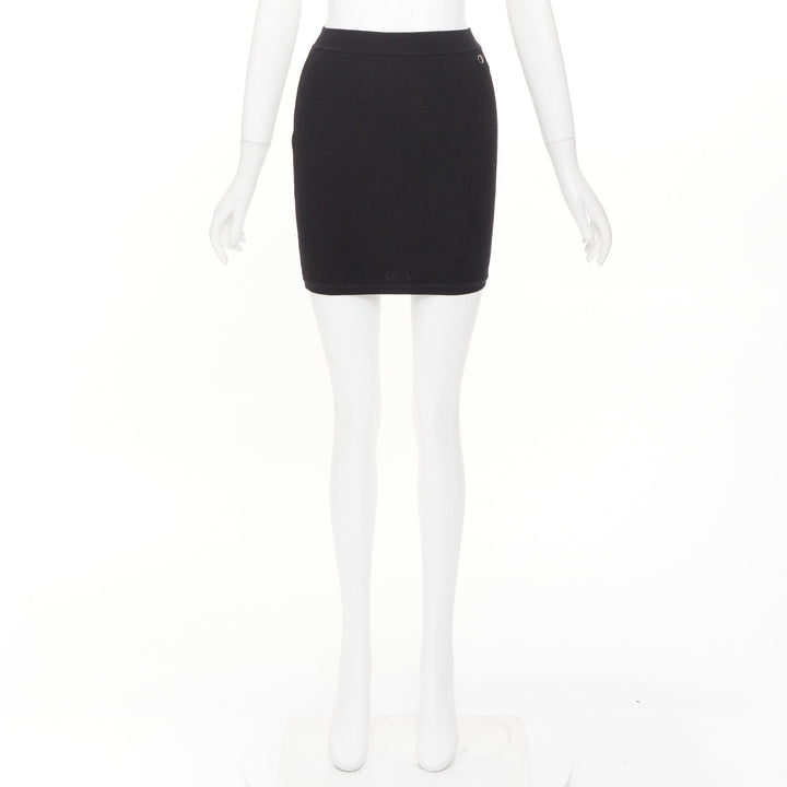 CHANEL black cotton diamond stitch knit cc resin logo button skirt FR34 XS