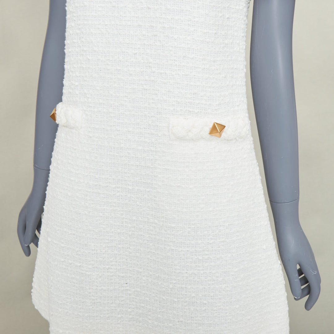 VALENTINO 2021 Roman Stud optical white cotton tweed short sleeve dress IT40 S