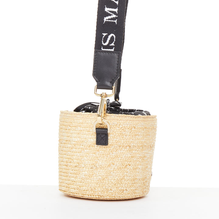MAISON MICHEL 2024 Cassie Bucket beige raffia nylon monogram strap crossbody bag