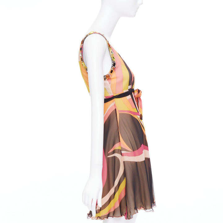 EMILIO PUCCI pink orange hue 100% silk kaleidoscopic swirl beaded dress IT40 S