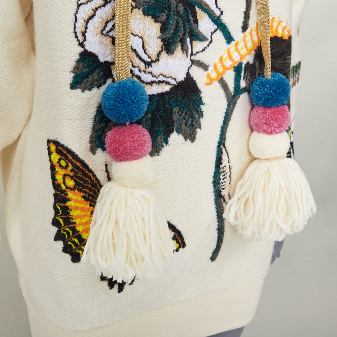 GUCCI 2017 Runway ivory wool cotton pom pom embroidered insect floral hoodie XXS