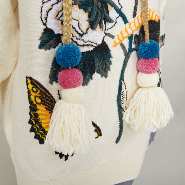 GUCCI 2017 Runway ivory wool cotton pom pom embroidered insect floral hoodie XXS