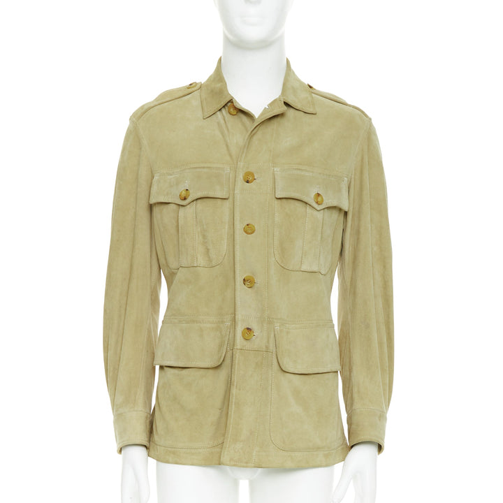GUCCI Tom Ford Vintage khaki suede leather horn button safari jacket IT46 S