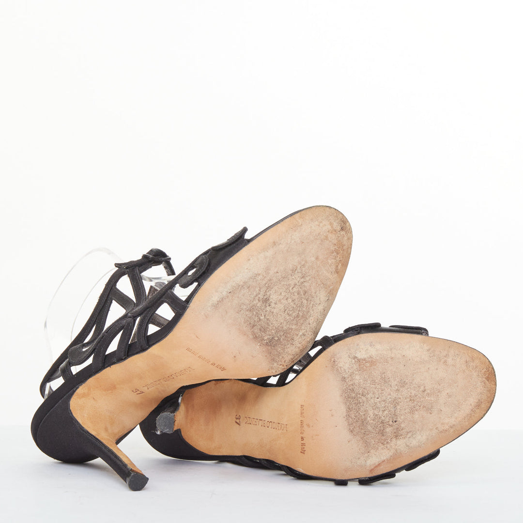 MANOLO BLAHNIK black satin abstract loop caged stiletto sandals EU37