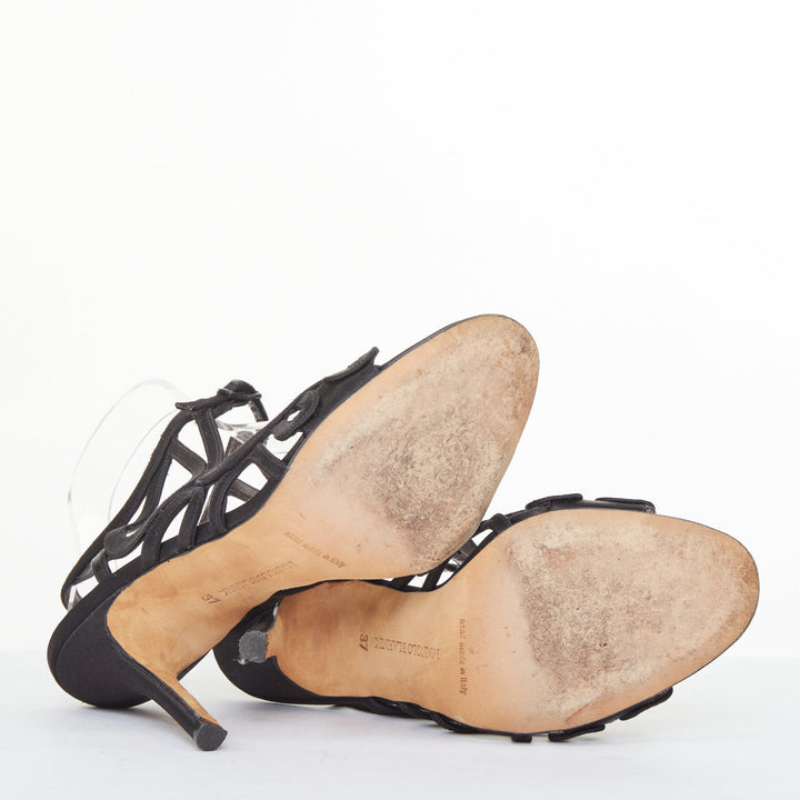 MANOLO BLAHNIK black satin abstract loop caged stiletto sandals EU37