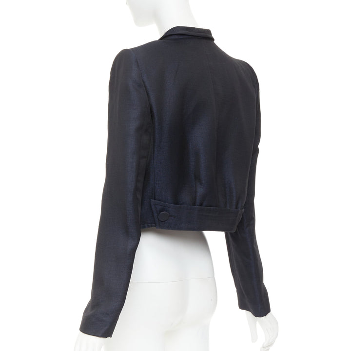 GIORGIO ARMANI navy textured flap pockets cropped evening jacket blazer IT46 XL