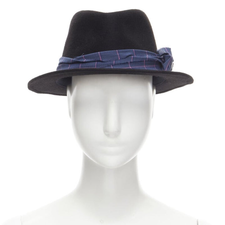 MAISON MICHEL black wool paint lacquered blue check ribbon fedora hat M 57cm