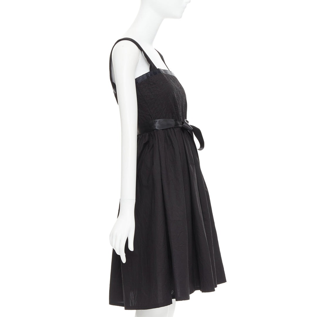 BURBERRY LONDON black cotton pleated waist ribbon tie babydoll dress UK8 S