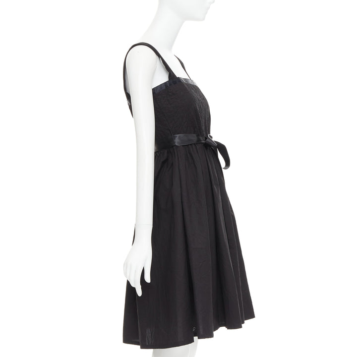 BURBERRY LONDON black cotton pleated waist ribbon tie babydoll dress UK8 S